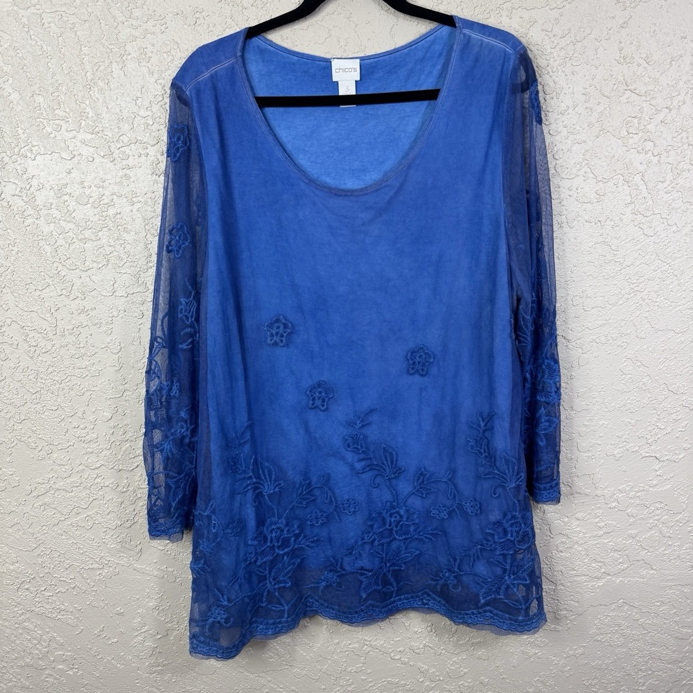 Chicos Floral Embroidered Lace Top Womens Size XL Indigo Blue Sheer Mesh Overlay